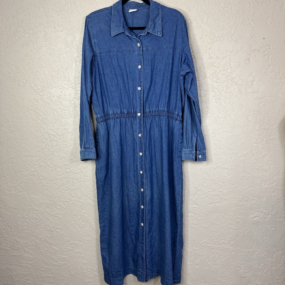 VTG Denim Midi Shirt Dress Womens 18 Long Sleeve Buttons Modest Prairie Cottage